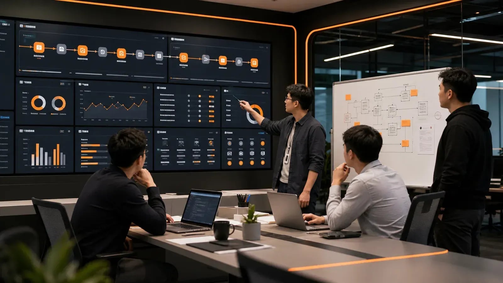 同富 DevOps 团队在监控屏前评审持续交付、告警和自动化运维流程